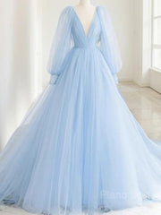 A-Line/Princess V-neck Sweep Train Tulle Prom Dresses With Ruffles