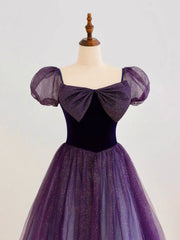 A-Line Purple Long Prom Dress, Purple Tulle Evening Dress