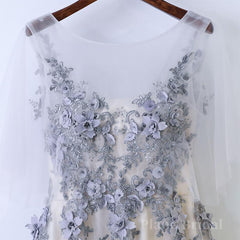 A Line Round Neck Half Sleeves Gray Lace Prom Dresses, Gray Floral Long Formal Evening Dresses