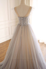 A-Line Scoop Neckline Tulle Long Prom Dress with Beaded, Evening Party Dress