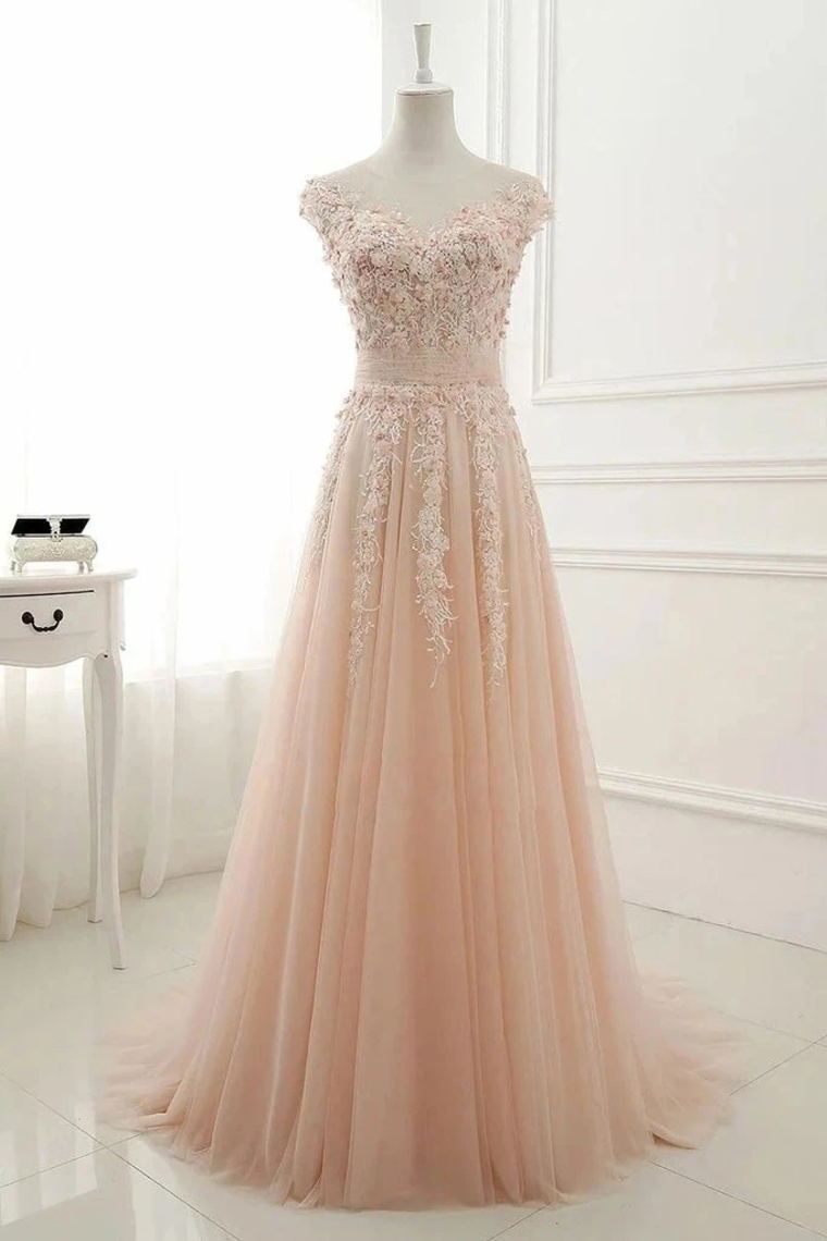 A Line Sheer Neck Cap Sleeves Tulle Prom Dresses With Appliques