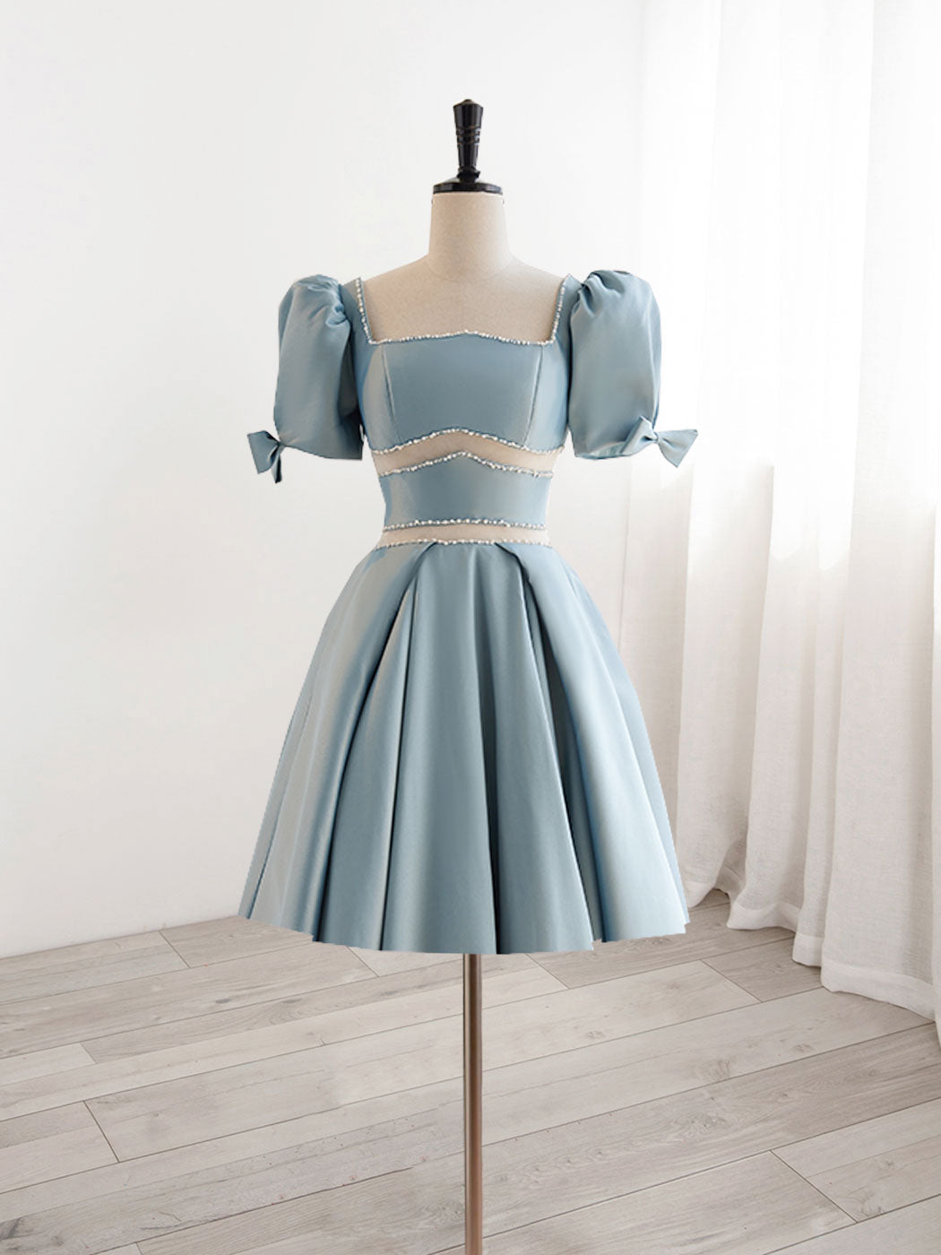 A-Line Square Neckline Blue Short Prom Dress, Cute Blue Homecoming Dress