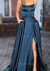 A Line Square Neckline Spaghetti Straps Sweep Train Charmeuse Prom Dress With Pockets Split