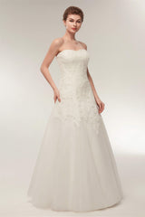 A Line Strapless Ivory Lace Floor Length Wedding Dresses