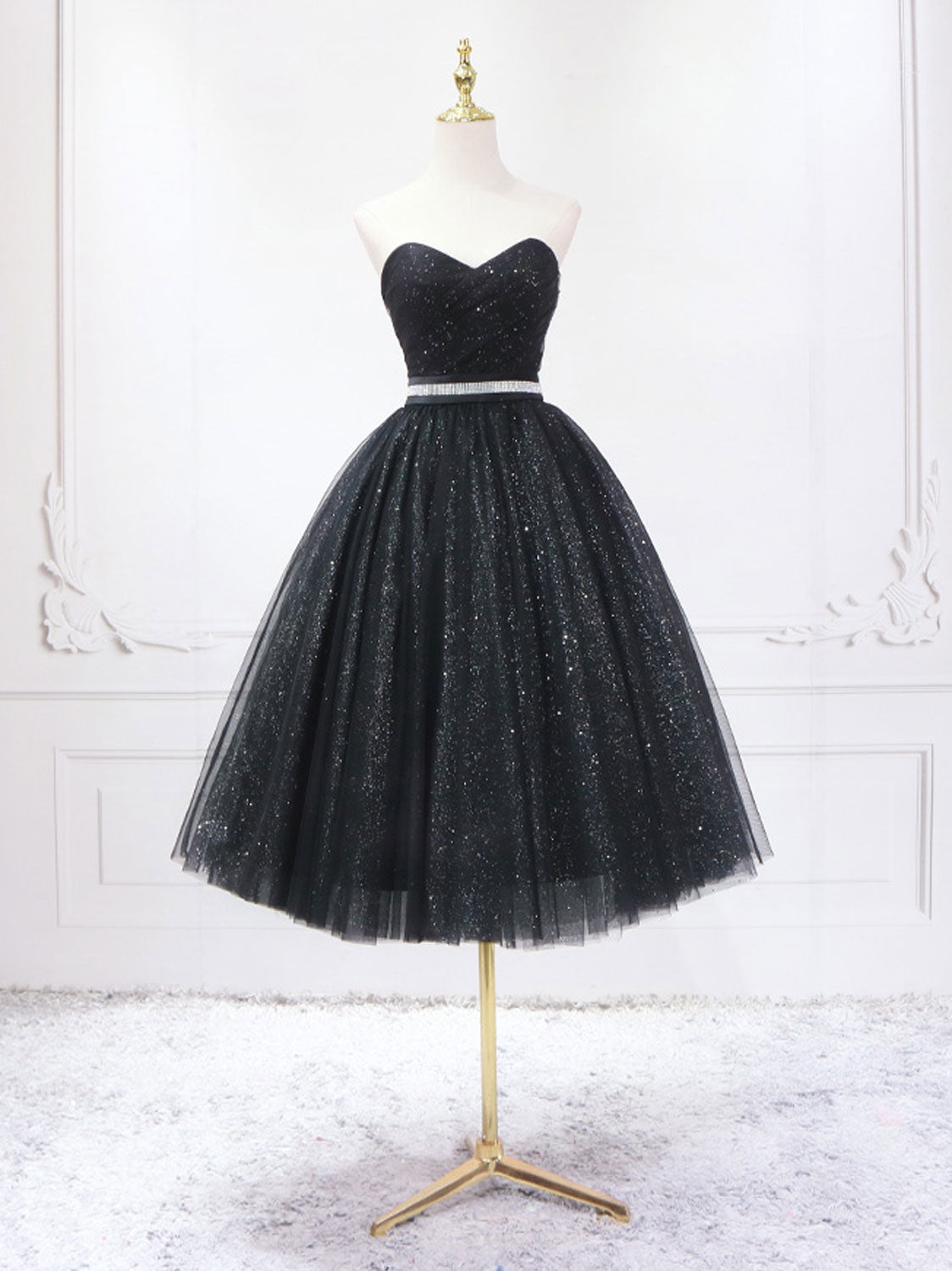 A-Line Sweetheart Neck Black Short Prom Dress, Black Formal Evening Dresses