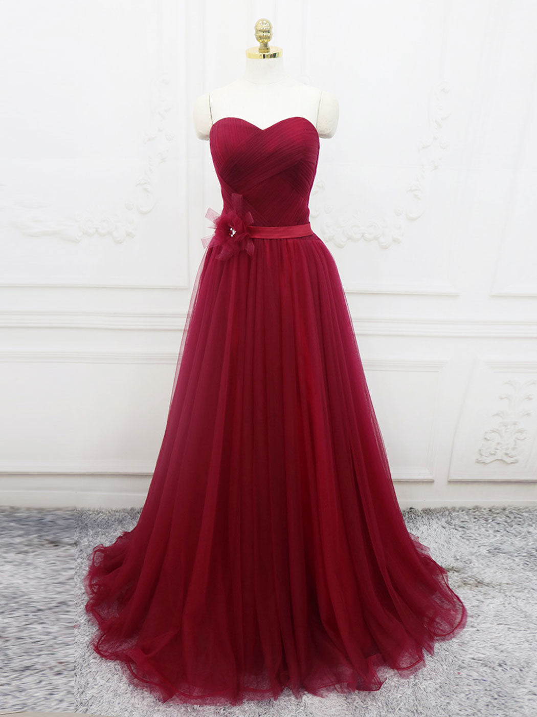 A-Line Sweetheart Neck Burgundy Long Prom Dress, Burgundy Bridesmaid Dress