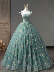 A-Line Sweetheart Neck Green Long Prom Dresses, Green Lace Formal Dress