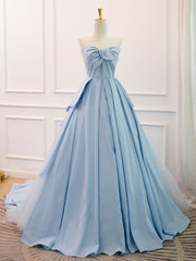 A-Line Sweetheart Neck Satin Tulle Blue Long Prom Dress, Blue Evening Dress