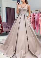 A Line Sweetheart Sleeveless Satin Sweep Train Prom Dress With Pockets