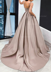 A Line Sweetheart Sleeveless Satin Sweep Train Prom Dress With Pockets