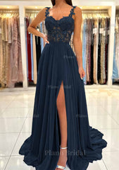 A Line Sweetheart Sleeveless Sweep Train Chiffon Prom Dress With Appliqued Split