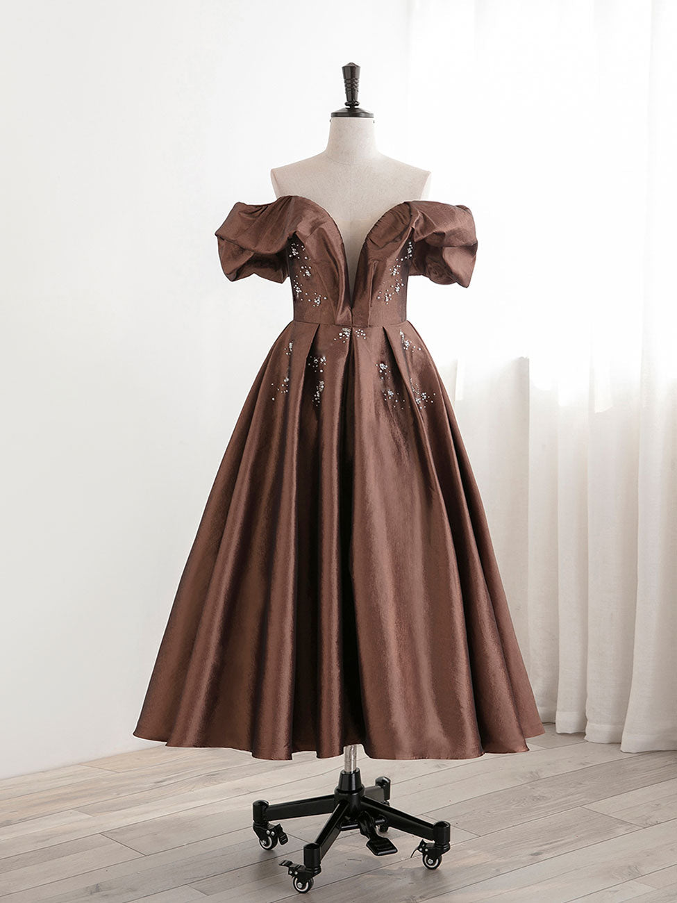 A-Line Tea length Brown Prom dresses, Off Shoulder Brown Formal Dress with Beading