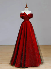 A-Line Tulle Burgundy Long Prom Dress, Burgundy Formal Dresses