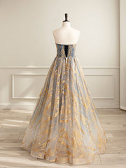 A-Line Tulle Gold/Blue Long Prom Dress, Blue Formal Evening Dress