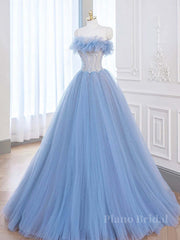 A-Line Tulle Lace Blue Long Prom Dress, Blue Lace Long Formal Dress