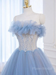 A-Line Tulle Lace Blue Long Prom Dress, Blue Lace Long Formal Dress