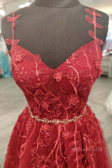 A Line V Neck and V Back Burgundy Lace Floral Long Prom Dress, Burgundy Lace Formal Evening Dress