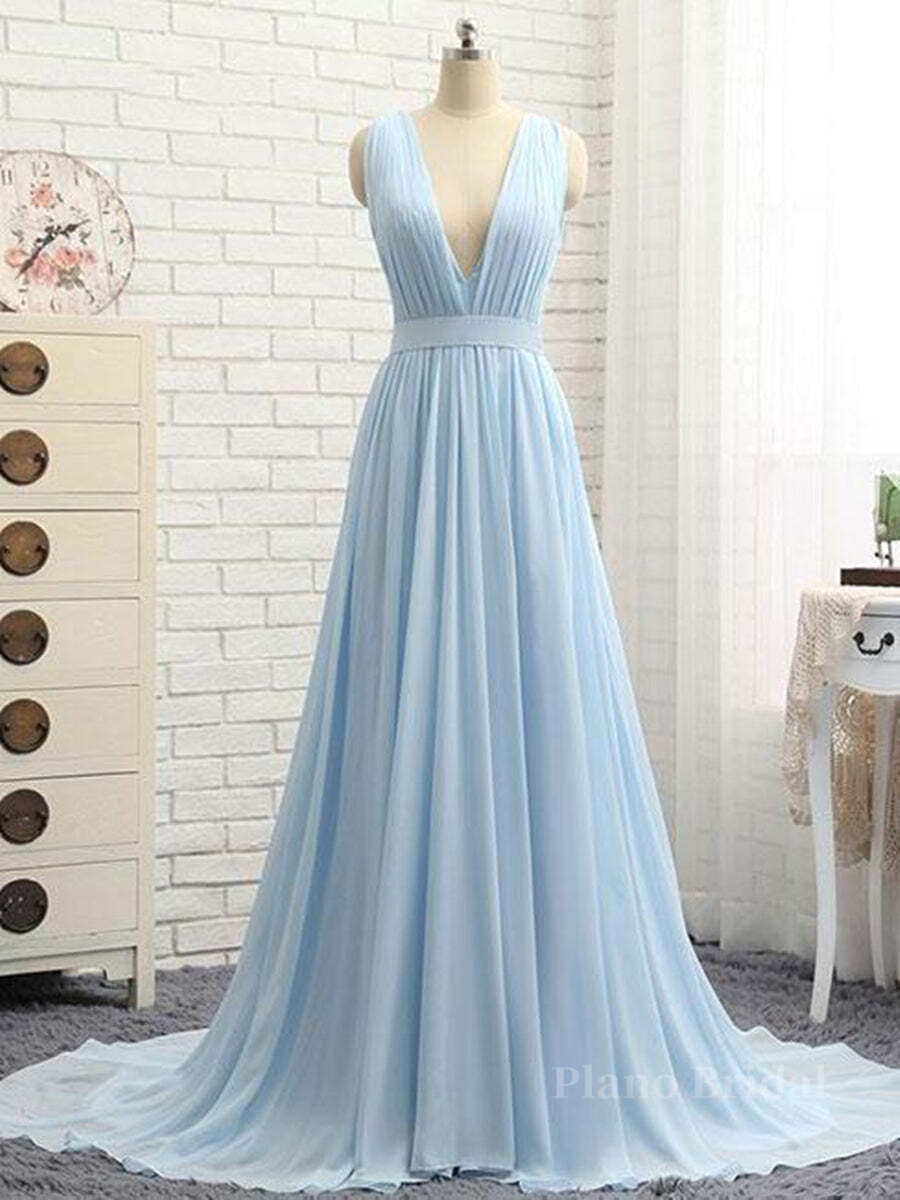 A Line V Neck and V Back Sky Blue Chiffon Long Prom Dresses, V Neck Blue Formal Dresses, Blue Evening Dresses