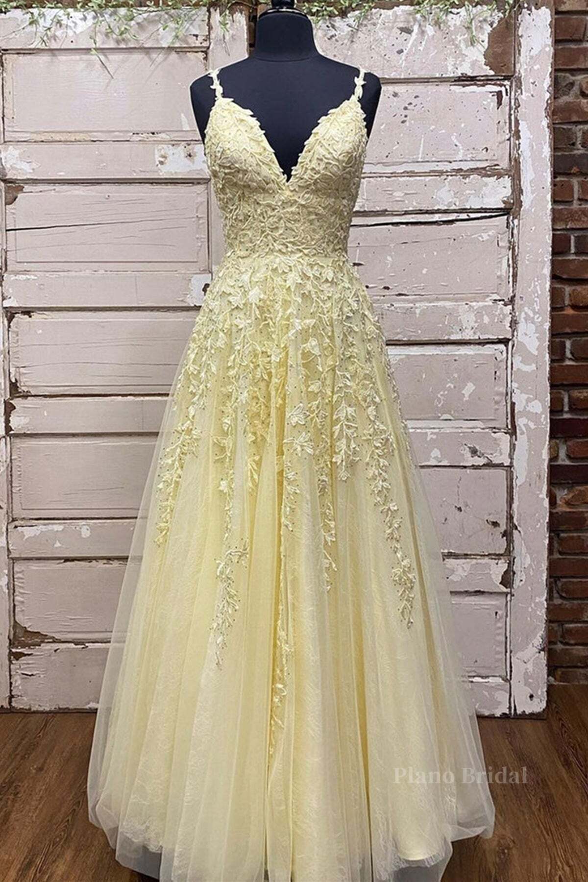 A Line V Neck Beaded Yellow Lace Tulle Long Prom Dress, Yellow Lace Formal Dress, Beaded Yellow Evening Dress