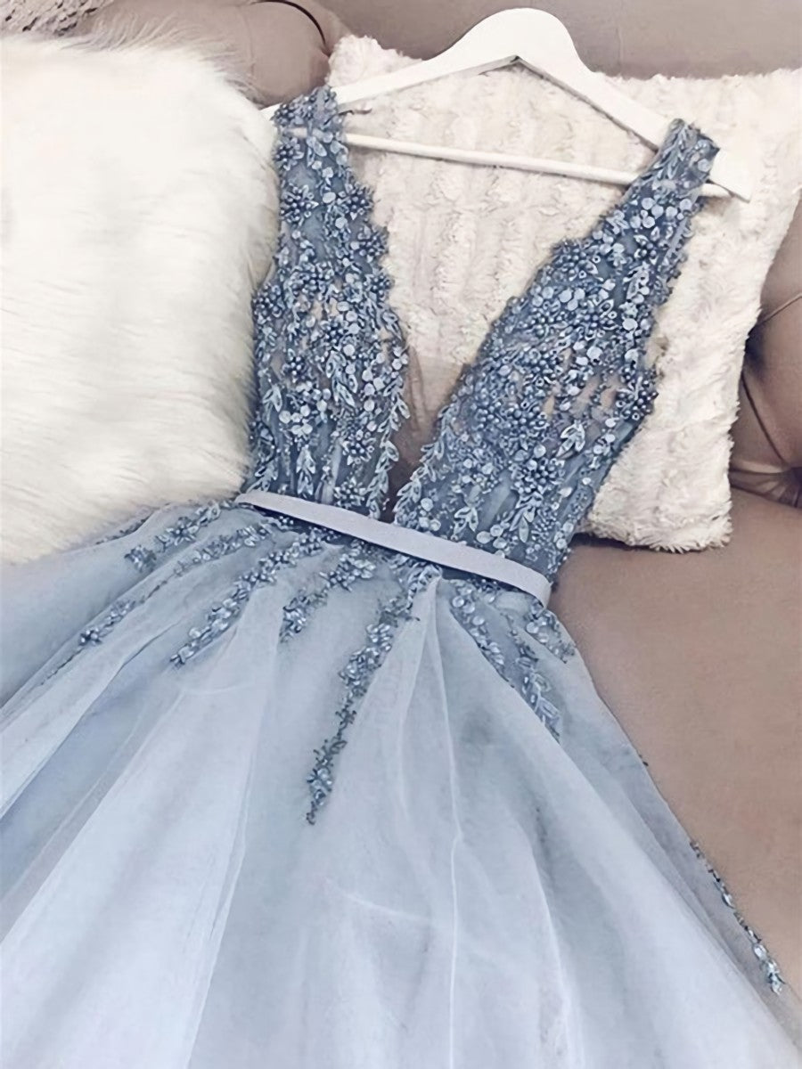 A Line V Neck Blue Beaded Long Prom Dresses, Blue Beaded Long Formal Evening Dresses