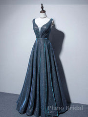 A-line V Neck Blue Long Prom Dress, Blue Formal Dresses