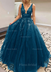 A Line V Neck Long Floor Length Lace Tulle Prom Dress With Appliqued