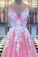 A Line V Neck Pink Long Prom Dress with Lace Appliques, V Neck Pink Formal Dress, Pink Evening Dress