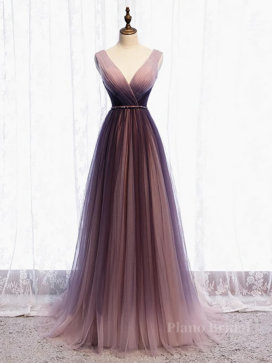 A Line V Neck Purple Ombre Prom Dresses, V Neck Purple Ombre Formal Evening Bridesmaid Dresses