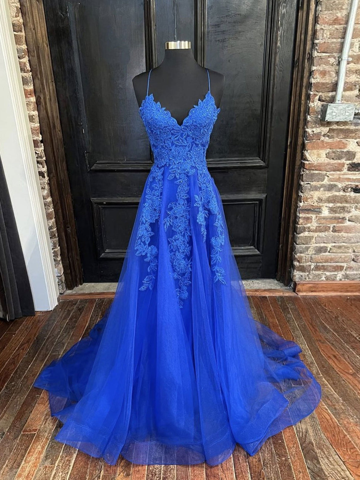 A Line V Neck Royal Blue Lace Prom Dresses, Royal Blue Lace Formal Evening Dresses