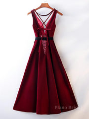 A Line V Neck Short Burgundy Prom Dresses, Wine Red Short Formal Graduation Homecoming Dresses