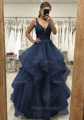 A Line V Neck Sleeveless Long Floor Length Tulle Satin Prom Dress With Lace Appliqued