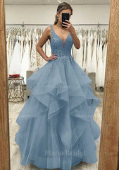 A Line V Neck Sleeveless Long Floor Length Tulle Satin Prom Dress With Lace Appliqued