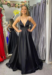 A Line V Neck Sleeveless Satin Sweep Train Prom Dress With Beading