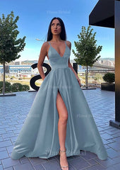 A Line V Neck Sleeveless Sweep Train Satin Prom Dress