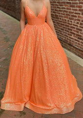 A Line V Neck Sleeveless Sweep Train Sequined Prom Dress With Pockets