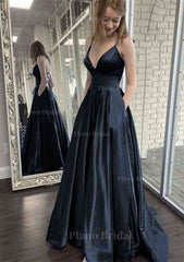 A Line V Neck Spaghetti Straps Sweep Train Charmeuse Prom Dress With Pockets