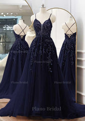 A Line V Neck Spaghetti Straps Sweep Train Tulle Prom Dress With Appliqued Beading