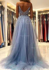 A Line V Neck Spaghetti Straps Sweep Train Tulle Prom Dress With Beading Sequins Split