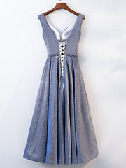 A Line V Neck Tea Length Gray/Pink Prom Dresses, Shiny Tea Length Formal Dresses