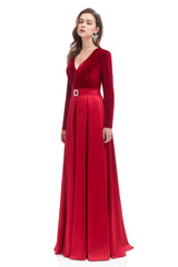 A-line V Neck Velvet Long Prom Dresses