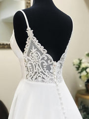 A Line V Neck White Wedding Dresses with Lace Back, White V Neck Prom Formal Dresses