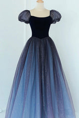 A-Line Velvet Tulle Long Prom Dress, Cute Short Sleeve Evening Party Dress