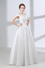 A-Line White Satin Lace Off The Shoulder Wedding Dresses