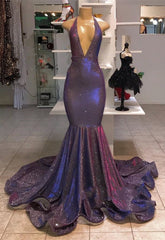 Chic Deep V-Neck Sleeveless Prom Dresses New Arrival Halter Memaiad Sequins Evening Gowns