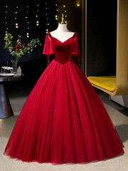 Burgundy Velvet Tulle Floor Length Formal Dress, Burgundy A-Line Evening Party Dress