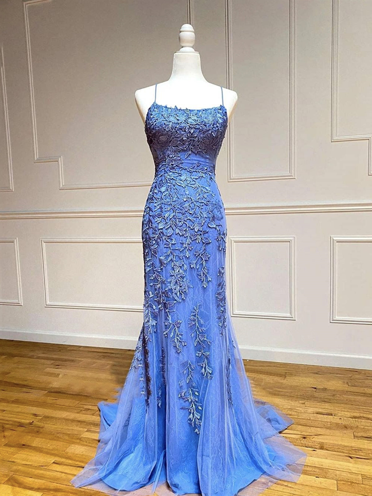 Backless Blue Lace Prom Dresses, Open Back Blue Lace Formal Graduation Dresses