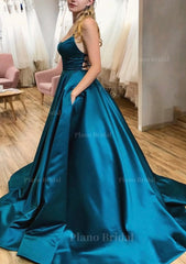 Ball Gown A Line Square Neckline Spaghetti Straps Sweep Train Satin Prom Dress With Pleated Pockets