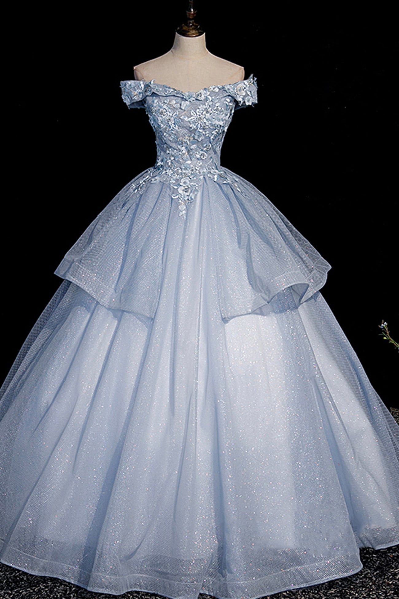 Ball Gown Blue Tulle Lace Long Party Dress, Off the Shoulder Evening Dress