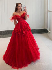 Ball Gown Off-the-Shoulder Sweep Train Tulle Prom Dresses With Flower