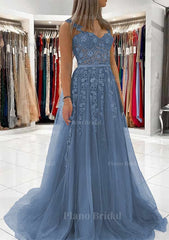 Ball Gown Princess Sweetheart Tulle Sweep Train Prom Dress With Appliqued Lace